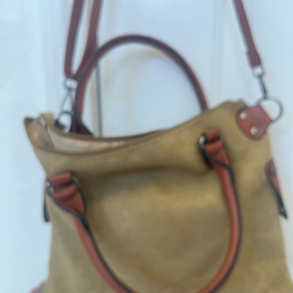 Paris Stamp Canvas Tote Bag with Brown Leather Trim. Travel with this bag. - Picture 4 of 4